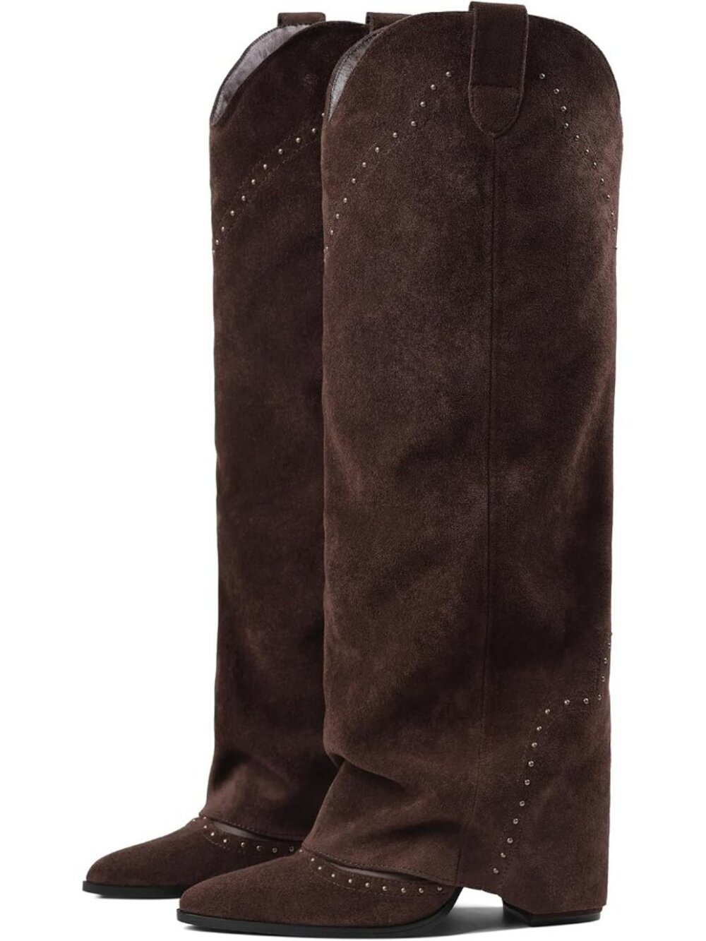 Women's Chocolate Brown Shark Studded Fold Over Knee High Snip Toe Cowgirl Boots